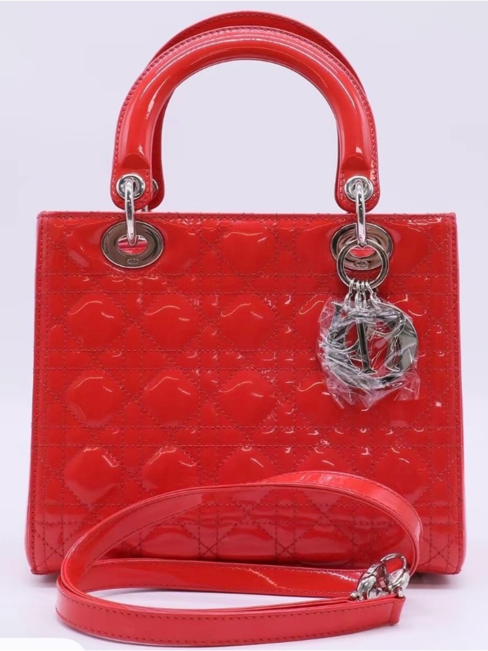 ‼️Authentic Christian Dior Lady Dior Medium Red Patent Leather Satchel Bag